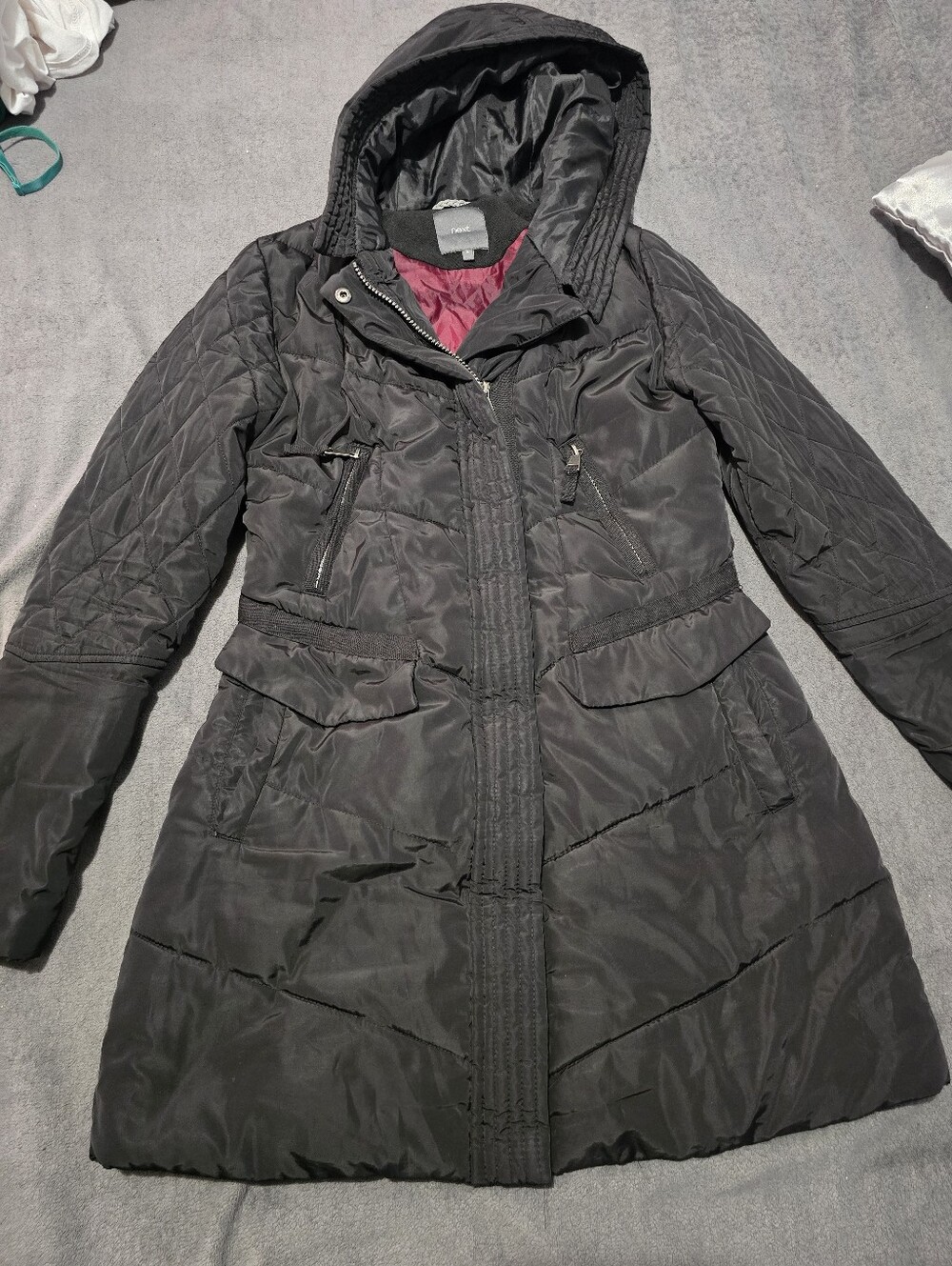 next Black Hooded Puffer Jacket with Pink Lining